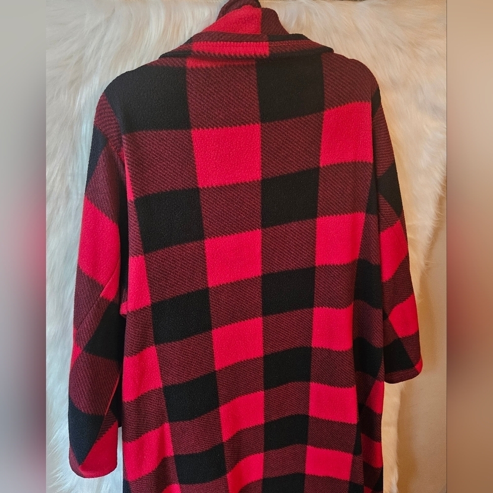 Winter Plaid Open Front Longline Fleece Jacket - Picture 5 of 8